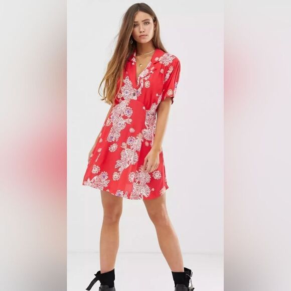 Free people red floral mini dress - Picture 1 of 8